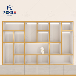 Escaparate de pared de madera moderno con almacenamiento oculto y estantes iluminados para joyerías Almacenamiento de pared de estudio de joyería - Product Image 2