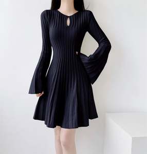 Vintage solide hiver dames robe tricotée évasée manches longues lâche droite plissée Empire taille froncé Empire écologique - Product Image 2