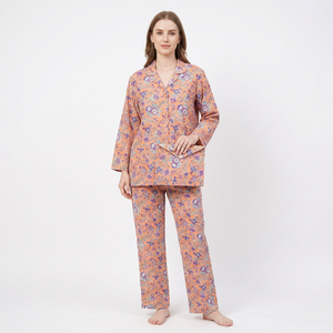 Handmade Indian Cotton Pajama Set Women Ultra Soft Floral Printed Breathable Quick Dry V-neck Winter Nightwear Dress - Product Image 1