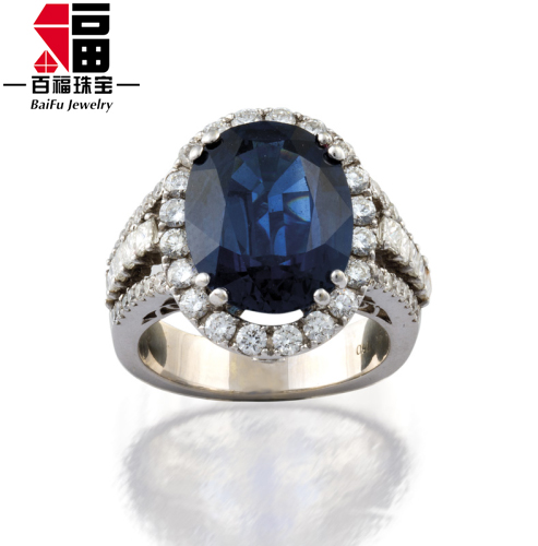 18K gold oval blue sapphire stone moissanite jewelry moissanite ring