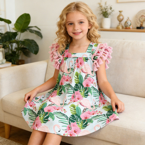 Vestido de Verano para Bebés y Niños Pequeños, <span class=keywords><strong>con</strong></span> Estampado Personalizado, Cuello Cuadrado Elegante, Volantes en Espiral de Flamenco, Manga Campana, Holgado, Transpirable, ODM - Product Image 1