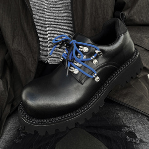 Fashion Color <b>Block</b> Shoelace Men Leather Shoes, Carabiner Decor Thick Sole Height Increase Round Toe Casual Party Leather Shoes - Product Image 4