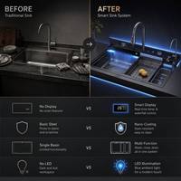 Évier de cuisine à cuve unique grande taille en acier inoxydable 304 fait main avec robinet cascade à affichage numérique LED et quatre trous pour montage sur comptoir