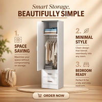 Armoire verticale moderne à une seule porte avec tiroirs, blanche, étroite, pour le rangement des vêtements dans les petites chambres et salles à manger