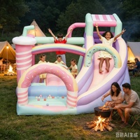 Château gonflable Macaron en tissu Oxford avec toboggan arc-en-ciel et piscine à balles pour enfants, idéal pour l'extérieur et le jardin