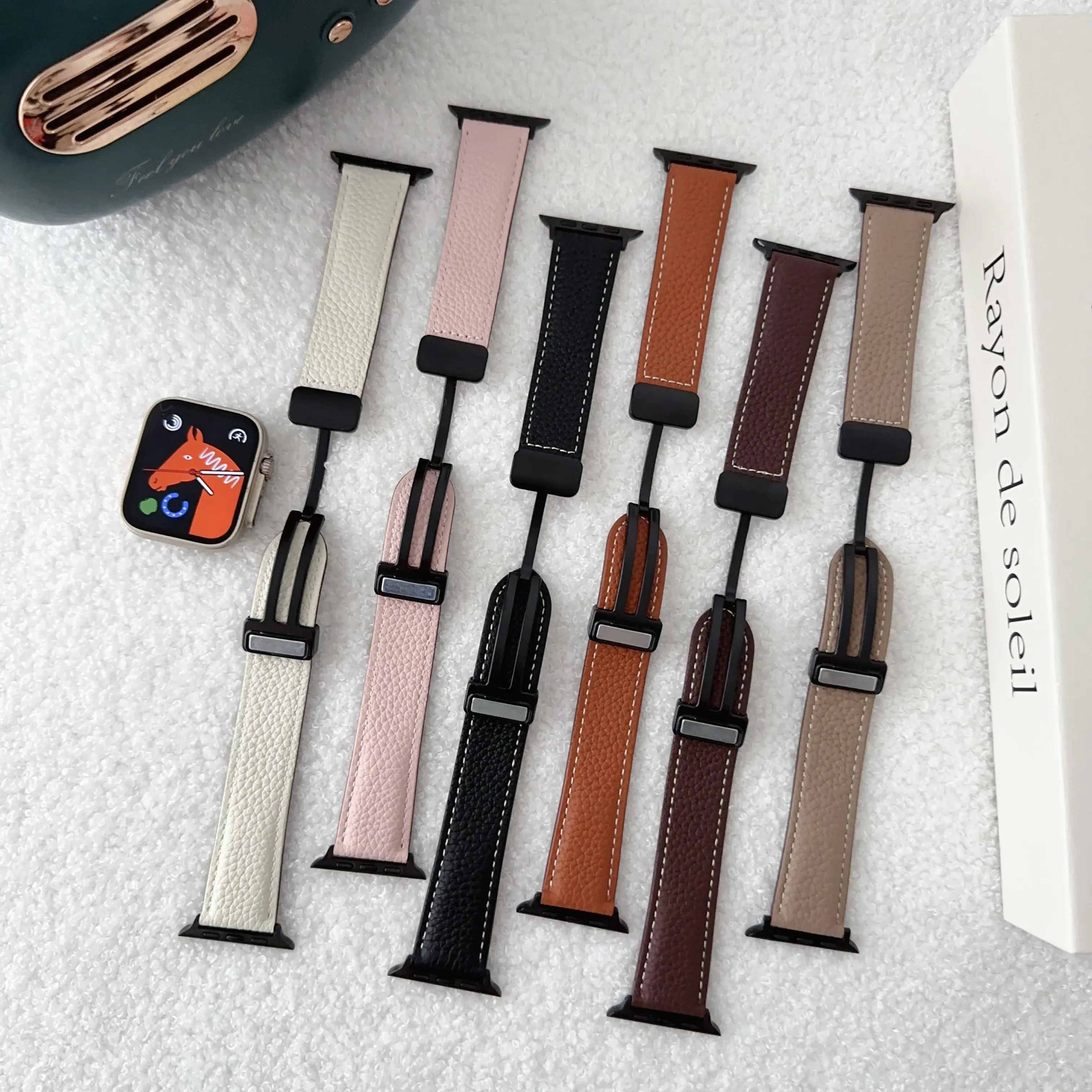 New Style Magnetic Buckle Leather Bracelet for Apple Watch Aluminium Alloy Buckle Leather Stitching Strap For iWatch 8 7 6
