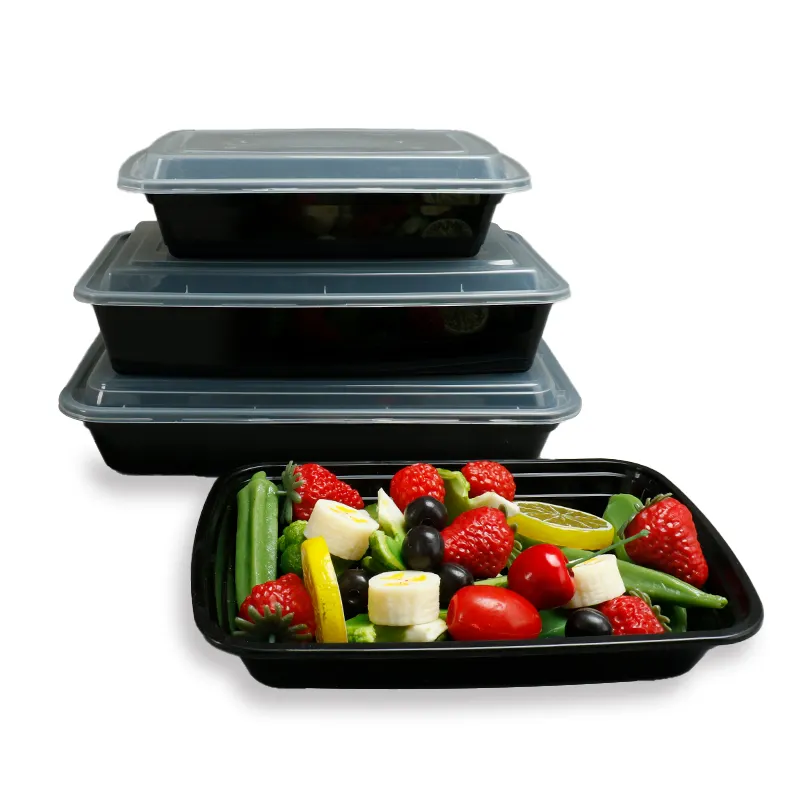 쌓을 수 있는 Bpa Free 플라스틱 Pp 일회용 블랙 화이트 식사 준비 테이크 아웃 3 칸 음식 용기 돔 뚜껑 포함