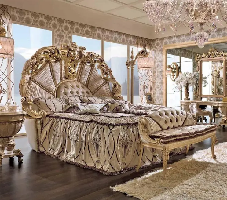 Lüks klasik yatak odası mobilya seti antika altın oyma başlık süper king-size yatak ile komodinler