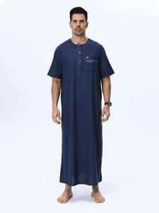 <b>Men's</b> Navy Blue Cotton <b>Thobe</b> Short Sleeve Floor Length Loose Fit Casual Daily Wear Breathable Modest Robe All Seasons - Product Image 2