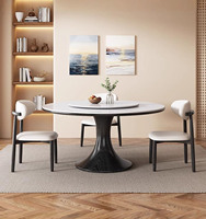 Retro Runder Massivholz-Esstisch mit Steinplatte und Lazy Susan, Esszimmerstuhl-Set Geeignet für Restaurants und Hotels