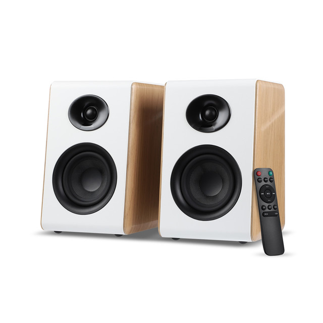AIYIMA S600 Bluetooth Bookshelf Speaker Active Home Audio 50WX2 HiFi Output Subwoofer White Wood ARC/USB/RCA Inputs 24bit 48Khz