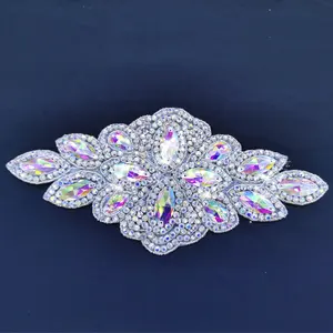 S614 Handmade crystal AB flower rhinestone bodice applique trim for lady dress sew on