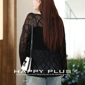 แฮปปี้ พลัสเสื้อคาร์ดิแกนถักสำหรับผู้หญิง N8920 สีดำ แอปริคอท ชีร์เลเยอร์ ทรงหลวม พลัสไซส์ - Product Image 3