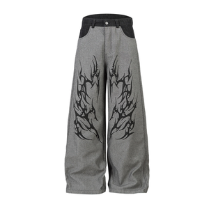 Jean délavé style vintage américain pour homme, coupe large et droite, avec patchs imprimés, délavé à l'acide, style streetwear décontracté - Product Image 1