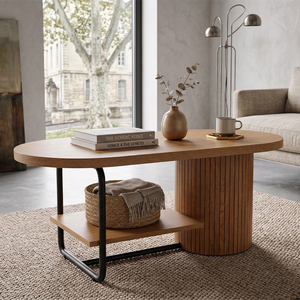 Mesa Auxiliar con Elegante Marco Metálico, Tapa Ovalada de Madera y Base Cilíndrica con Listones para Decoración de Sala de Estar, Diseño Urbano Minimalista - Product Image 1