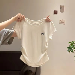 T-shirt décontracté d'été pour femme en polyester uni, col rond, manches courtes, anti-boulochage, avec nœud décoratif - Product Image 3