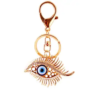 Wholesale Turkish Blue Evil Eyes Keychain Gold Plated Charming Dangling Keyring Crystal Rhinestone Keychain Eyelash Keychain