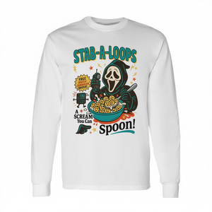 Camiseta de manga larga unisex para adulto con cuello redondo y estampado serigrafiado, diseño de caja de cereales de terror Stab A Loops, temática de Halloween, desayuno de asesinos - Product Image 2