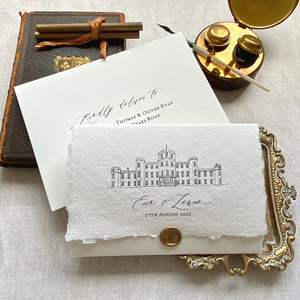 Château lieu <span class=keywords><strong>croquis</strong></span> invitations <span class=keywords><strong>de</strong></span> mariage Illustration invite à la main Deckle bord coton papier typographie cartes <span class=keywords><strong>de</strong></span> mariage - Product Image 3