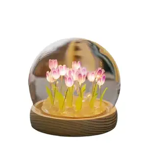 Lampu meja kaca Tulip buatan tangan Diy, lampu malam Led bunga Tulip bola kristal kustomisasi lampu malam