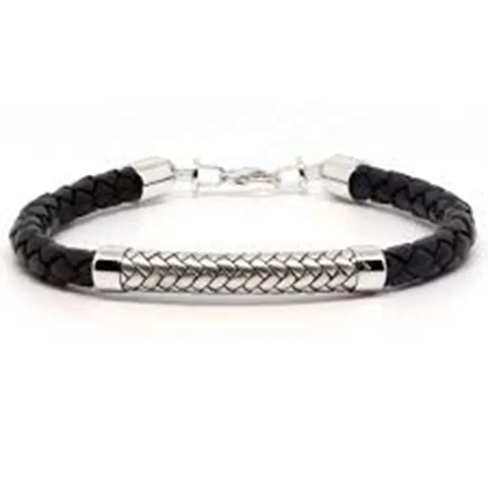 Slighty Adjustable 925 Sterling Silver Braid Effect Mixed With Genuine Leather Bracelet for Man