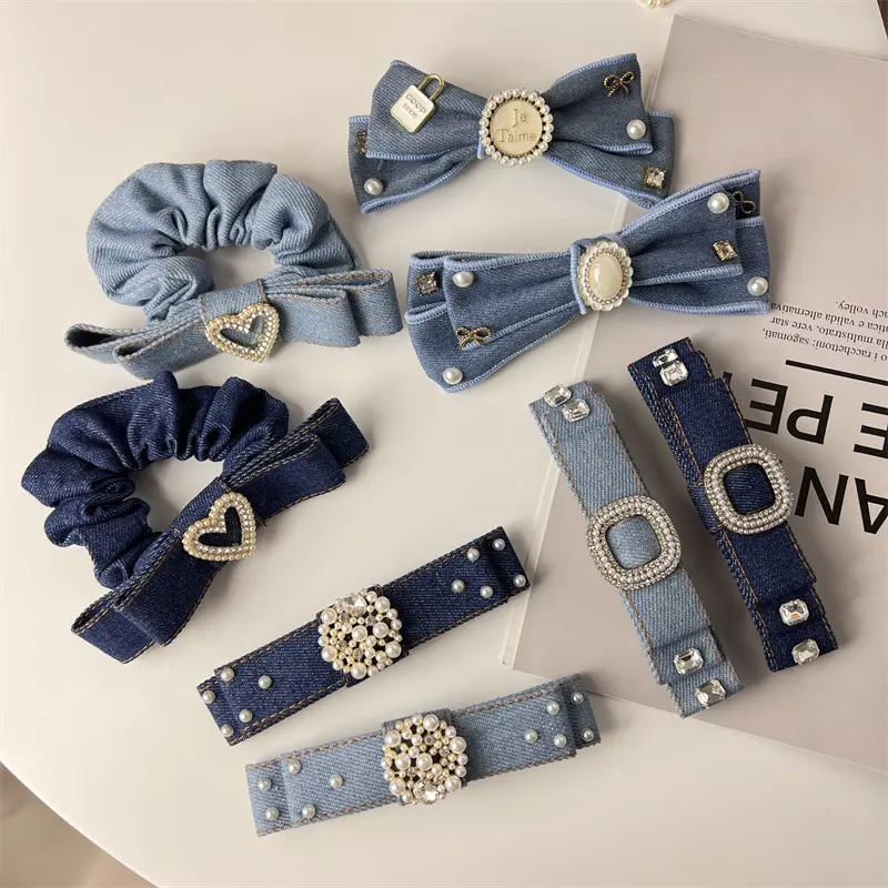 2022 moda vendita calda elegante collezione blu fermaglio per capelli perla Denim donna fermaglio per capelli