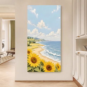 Peinture à l'huile peinte à la main, fleurs au bord de la mer, effet 3D, art suspendu en bois sans cadre pour la décoration d'entrée et de couloir - Product Image 1