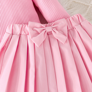 ชุดเสื้อผ้าเด็กผู้หญิง ชุดน่ารักสไตล์เจ้าหญิง ผ้าขนสัตว์ผสม แต่งลายทางหวานๆ แขนยาว ผ้าตาข่าย โบว์ผูกเอว กระโปรงสั้นจีบระบาย ระบายอากาศได้ดี - Product Image 5