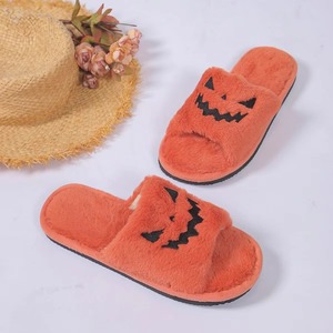 Ladies' <b>Halloween</b> Plush <b>Slippers</b>, Ghost Pumpkin Face, Funny Soft Orange Pumpkin Indoor Home Use <b>Slippers</b> - Product Image 3