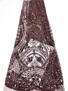 Tissu en dentelle africaine Aso Ebi tridimensionnelle tricotée et brodée, élégante, violette, à sequins et perles, tendance, pour mariages et sacs de cérémonie - Product Image 5
