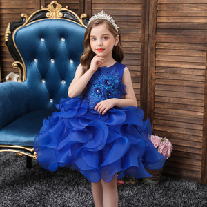 Robe de princesse pour enfants, en Organza bleu, coupe trapèze, col rond, robe de fête d'anniversaire pour filles, pour petites filles - Product Image 4