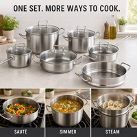 Ensemble de casseroles en acier inoxydable 304, base tri-couche, 11 pièces, avec couvercles en verre et insert vapeur, compatible induction