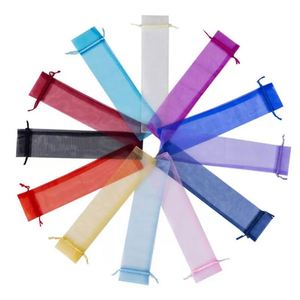 Pochette en organza personnalisée avec cordon de serrage 6x27cm, pochette en maille pour éventail long, emballage pour pinceaux cosmétiques, accepte le logo, pochette longue en organza pour cadeau - Product Image 1