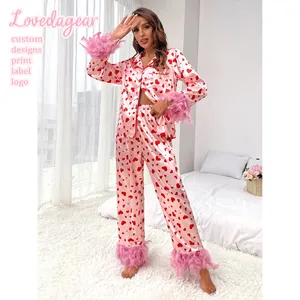 Lovedagear Custom Logo Ladies Knitted Loungewear 2 Piece Fuzzy Trim Button Sleepwear Cute Heart Valentine Day Pajamas Sets Women