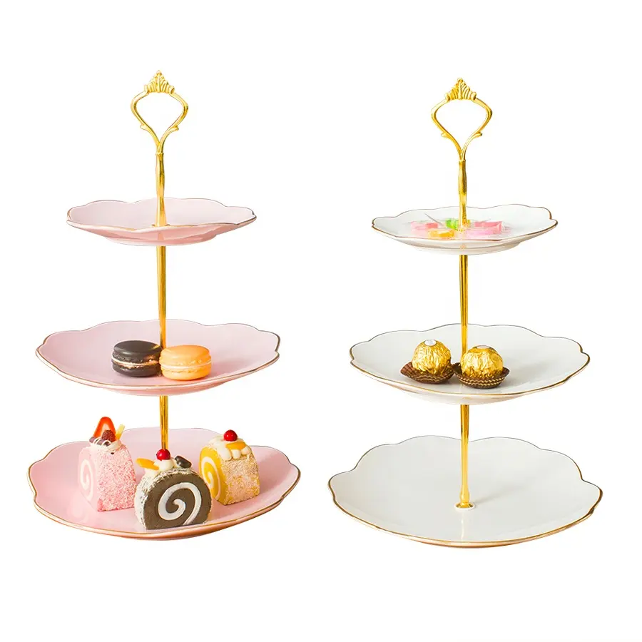 Personalizado 3 camada cerâmica lanche de frutas de sobremesa de casamento do queque carrinho do bolo para a festa de chá servindo prato
