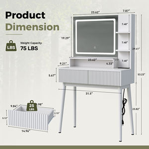 Bureau de toilette moderne en bois avec miroir LED éclairé, tiroirs de rangement et station de charge pour chambre, salle de bain et hôtel - Product Image 6