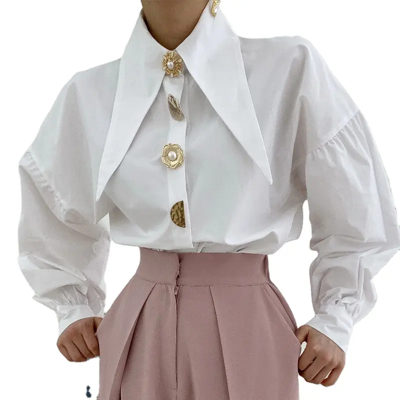 Spring elegance pointed collar chic single-row buttoned loose lantern sleeve shirt tops for women
