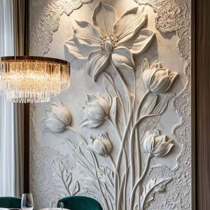 Peinture murale d'art moderne, relief mural sculpté à la main, fleurs de lotus, plantes, relief en marbre, art mural en pierre - Product Image 4