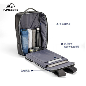 Kingsons Laptop <b>Backpack</b> 20-35L Large Capacity Business Travel Unisex <b>Black</b> Solid Color Shoulder Straps - Product Image 2