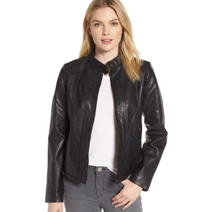 Veste en cuir noire ouverte sur le devant pour femme, col montant, manches longues, style décontracté, veste en cuir moderne et tendance pour femme - Product Image 3