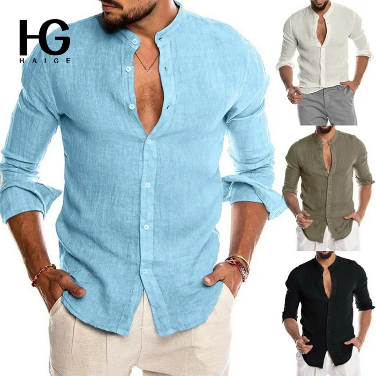 2022 Amazon Hot Style Autumn Casual Shirts For Men V-neck Men Long Sleeve Shirt Linen Cardigan Stand-collar Button Up Shirts Men