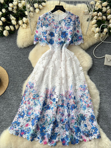 Robes trapèze décontractées pour femmes, design chic, <span class=keywords><strong>de</strong></span> qualité supérieure, en dentelle florale ajourée imprimée, couleur unie, écologiques, respirantes, col et manches courtes - Product Image 5