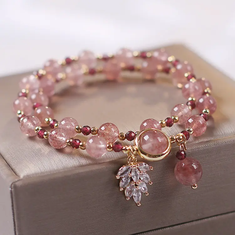Bracelet en cristal de fraise pour femme, Double couche, Bracelet de perles d'eau douce pour femme, cadeau réglable, cristal de fraise