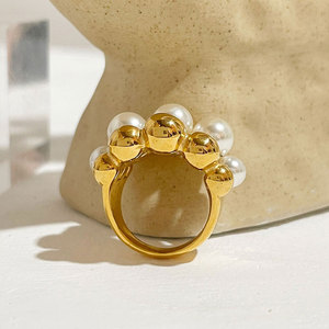 Waterproof Non Tarnish <b>Rings</b> 14k 18k PVD Gold Plated Fashion 316L Stainless Steel Statement Pearl Bead <b>Ring</b> for Women - Product Image 4