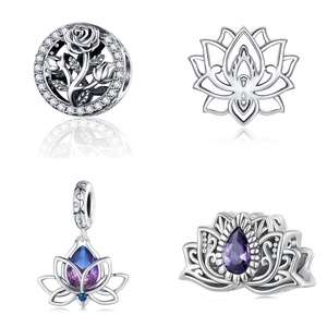 Mode bijoux en argent Sterling breloques pour Bracelet fabrication de bijoux fins zircone Vintage floraison <span class=keywords><strong>Lotus</strong></span> Rose pendentif breloque perles - Product Image 1