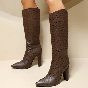 Large Size 47 Women's Knee-high Booties Pointed Toe Chunky Heels Wide Fit Shoes Animal Prints Long on <b>Boots</b> - Product Image 2