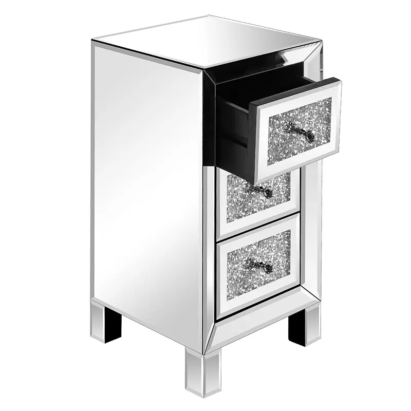 Light Luxury Silver Crystal Diamond 3 Drawer Mirrored Bedside Table Bedroom Nightstand Mirror Side Table for Bed