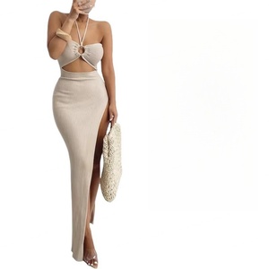 Nouvelle Robe Longue Décontractée Moulante en Coton Côtelé Beige à Dos Nu pour Femme - Product Image 6