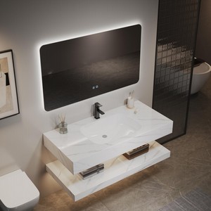 Mueble de Baño de Lujo con Lavabo Integrado Blanco sin Juntas, Espejo Inteligente con Luz, Lavabo Flotante Moderno - Product Image 1
