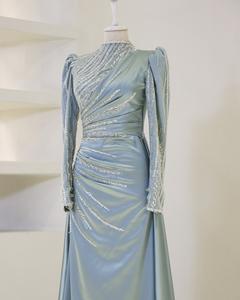 Mily gaun pengantin ML299, gaun pesta dansa Formal lantai panjang lengan leher tinggi cantik payet manik-manik elegan - Product Image 2